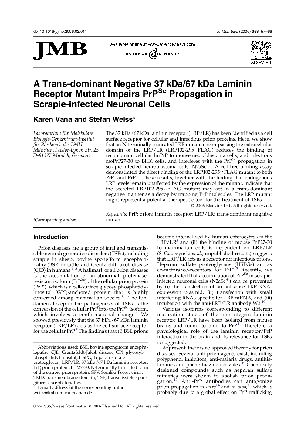 A Trans-dominant Negative 37 kDa/67 kDa Laminin Receptor Mutant Impairs PrPSc Propagation in Scrapie-infected Neuronal Cells