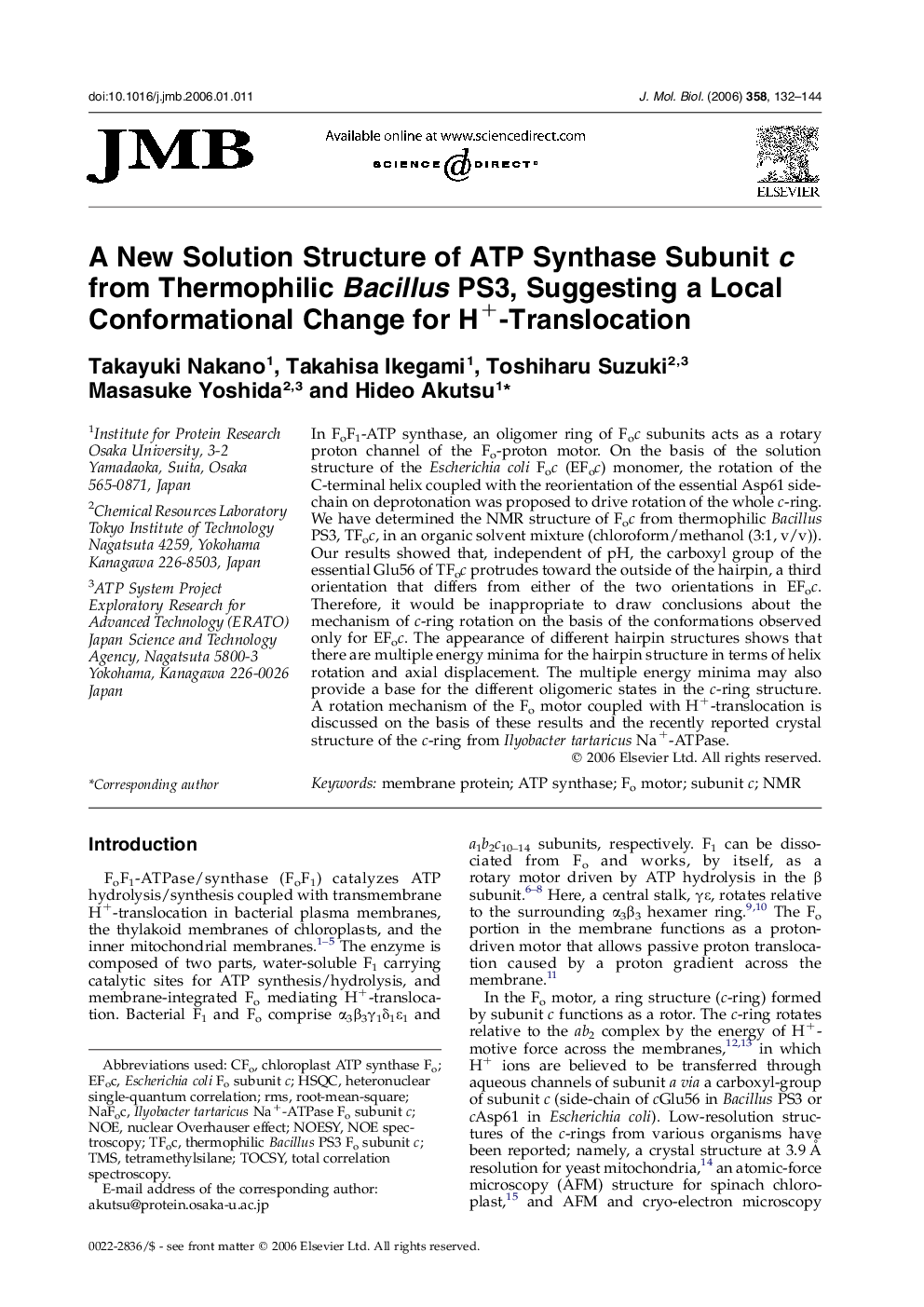 A New Solution Structure of ATP Synthase Subunit c from Thermophilic Bacillus PS3, Suggesting a Local Conformational Change for H+-Translocation