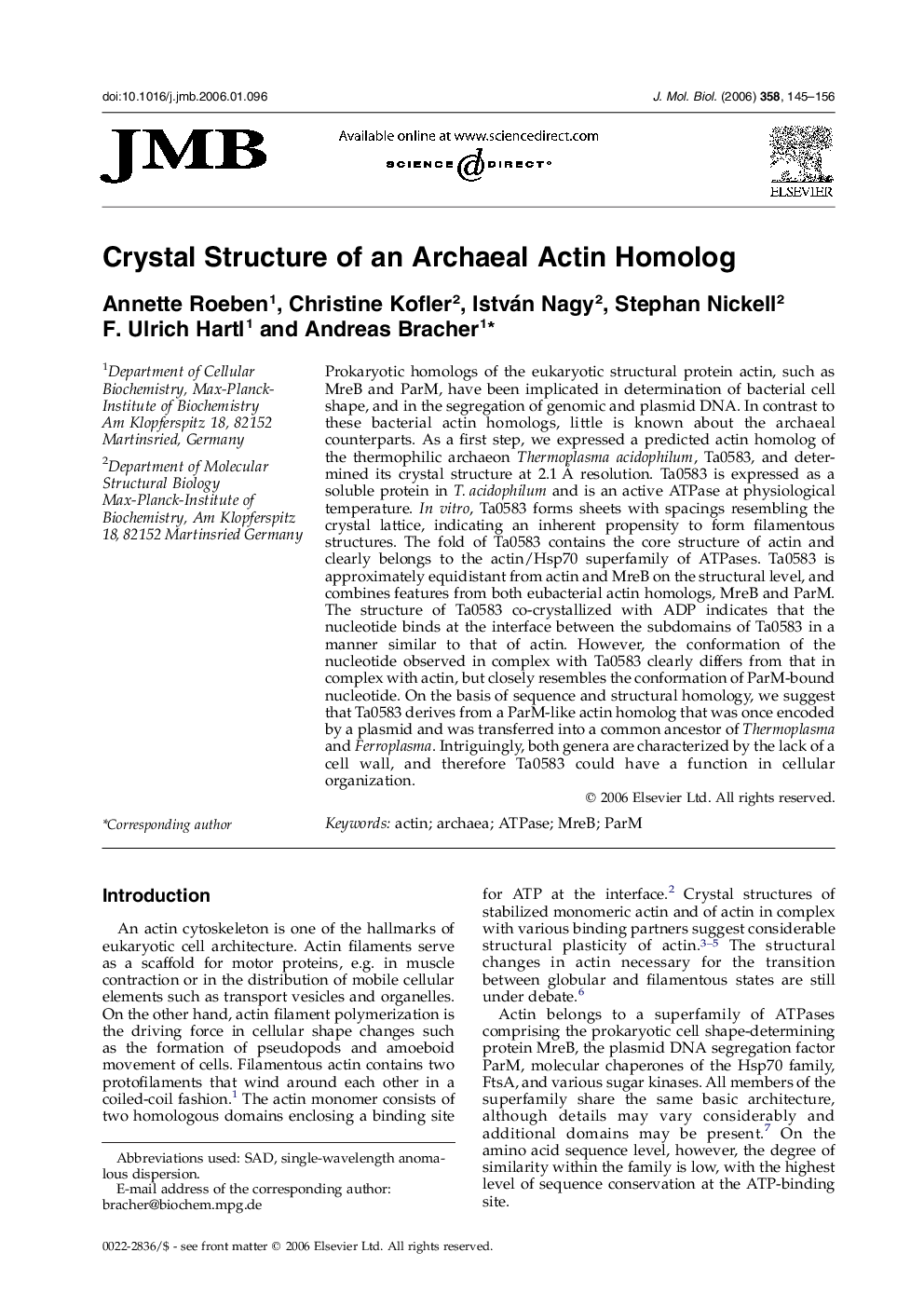 Crystal Structure of an Archaeal Actin Homolog