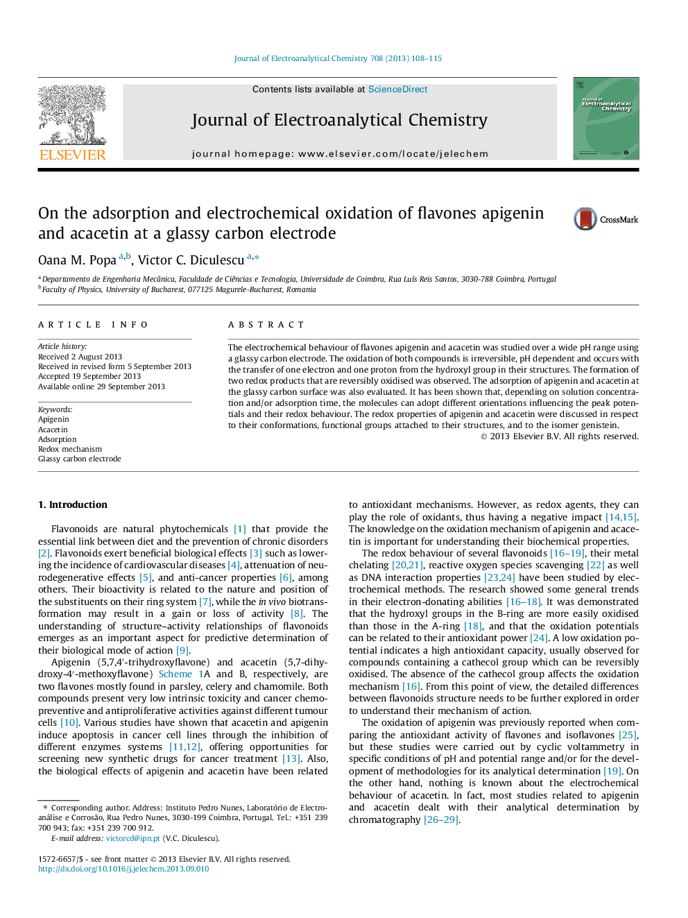 On the adsorption and electrochemical oxidation of flavones apigenin and acacetin at a glassy carbon electrode