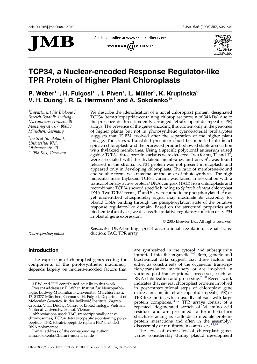 TCP34, a Nuclear-encoded Response Regulator-like TPR Protein of Higher Plant Chloroplasts