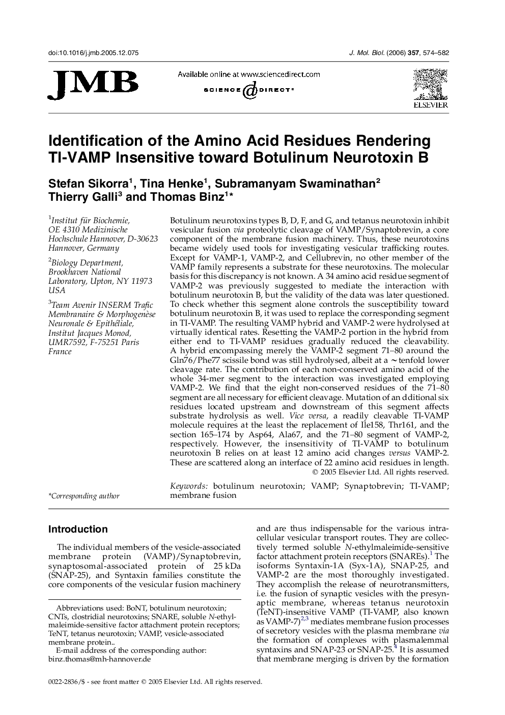 Identification of the Amino Acid Residues Rendering TI-VAMP Insensitive toward Botulinum Neurotoxin B