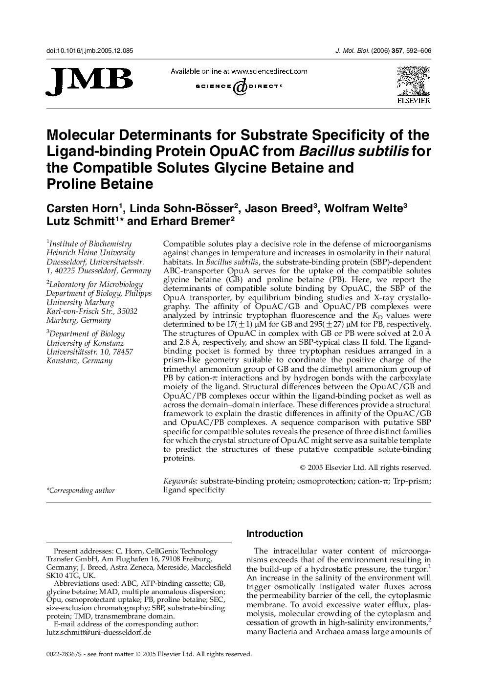 Molecular Determinants for Substrate Specificity of the Ligand-binding Protein OpuAC from Bacillus subtilis for the Compatible Solutes Glycine Betaine and Proline Betaine