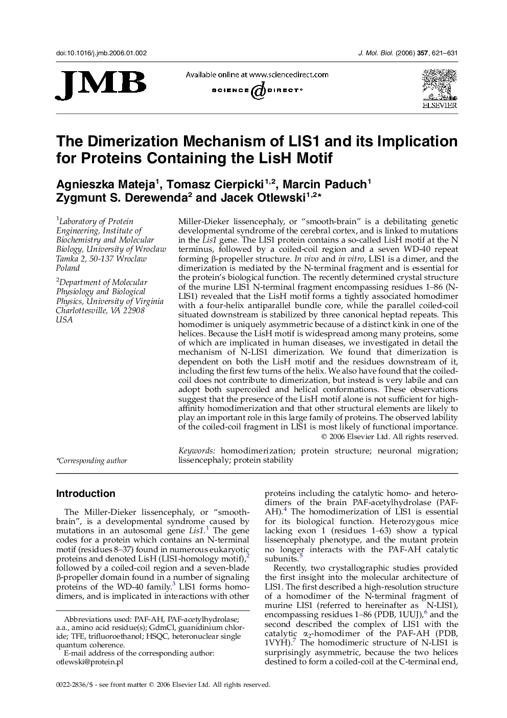 The Dimerization Mechanism of LIS1 and its Implication for Proteins Containing the LisH Motif