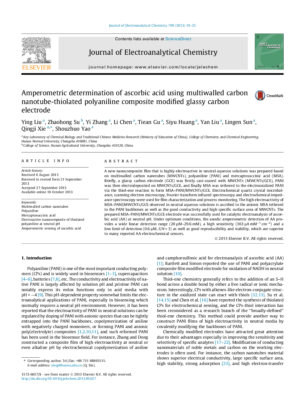 Amperometric determination of ascorbic acid using multiwalled carbon nanotube-thiolated polyaniline composite modified glassy carbon electrode