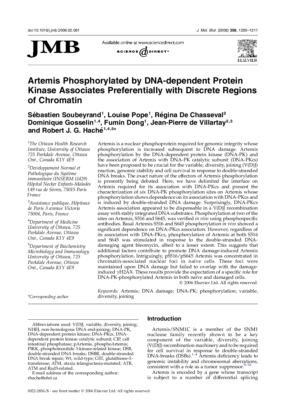 Artemis Phosphorylated by DNA-dependent Protein Kinase Associates Preferentially with Discrete Regions of Chromatin