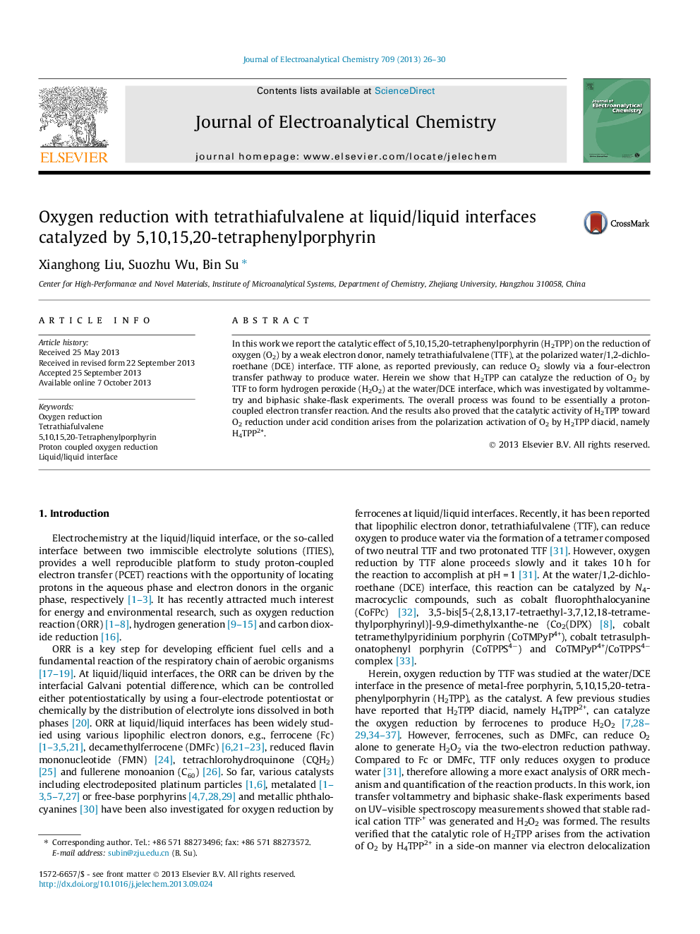 عکس صفحه اول مقاله: Oxygen reduction with tetrathiafulvalene at liquid/liquid interfaces catalyzed by 5,10,15,20-tetraphenylporphyrin Oxygen reduction with tetrathiafulvalene at liquid/liquid interfaces catalyzed by 5,10,15,20-tetraphenylporphyrin