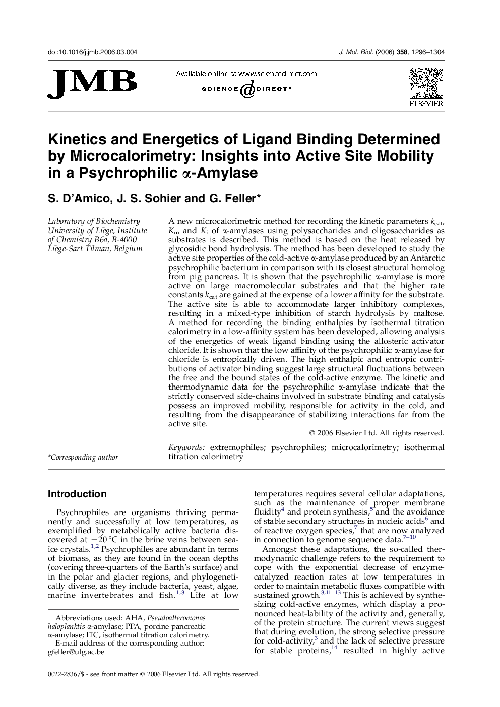 Kinetics and Energetics of Ligand Binding Determined by Microcalorimetry: Insights into Active Site Mobility in a Psychrophilic α-Amylase