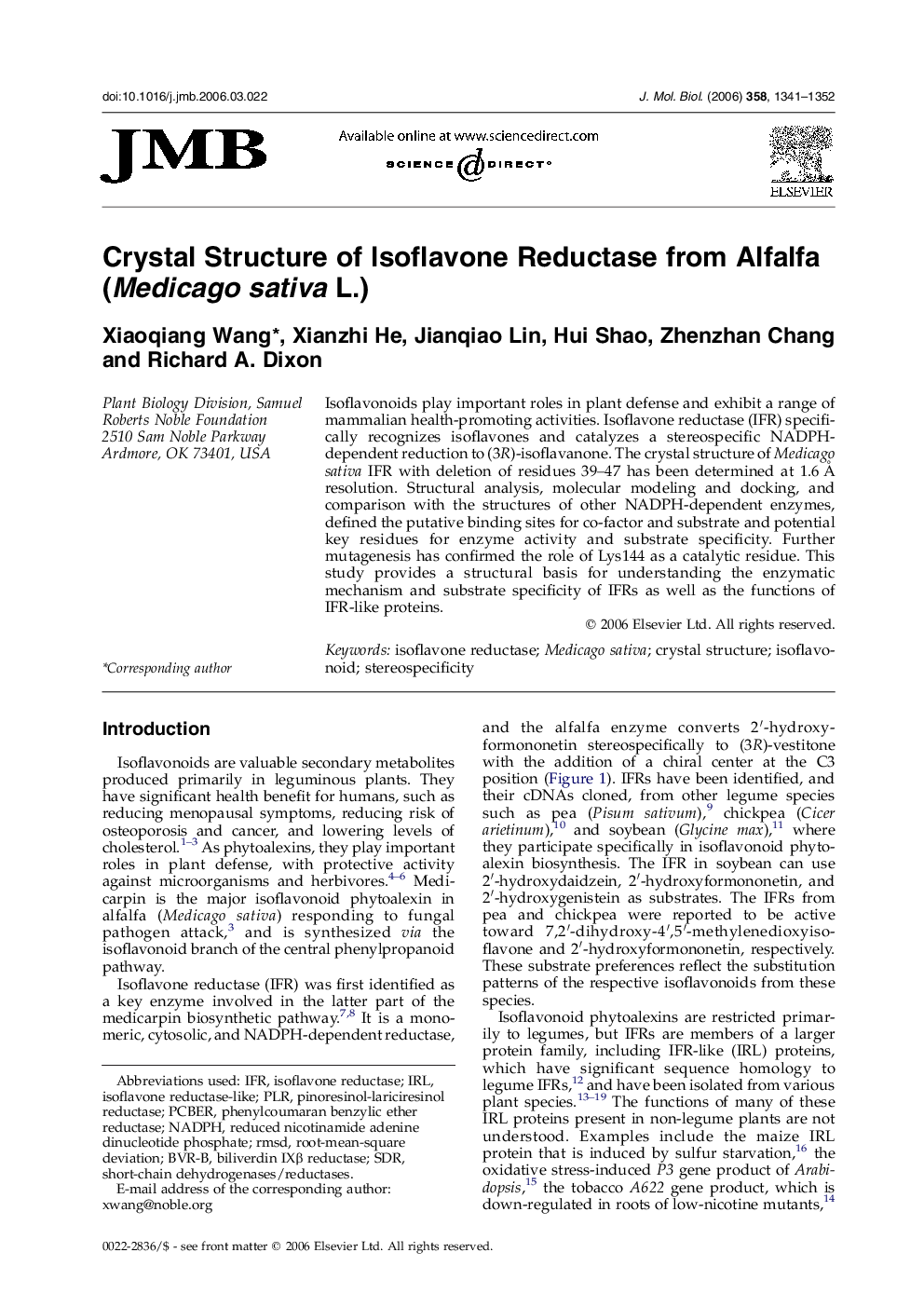 Crystal Structure of Isoflavone Reductase from Alfalfa (Medicago sativa L.)