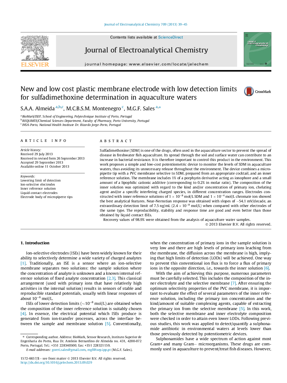 New and low cost plastic membrane electrode with low detection limits for sulfadimethoxine determination in aquaculture waters