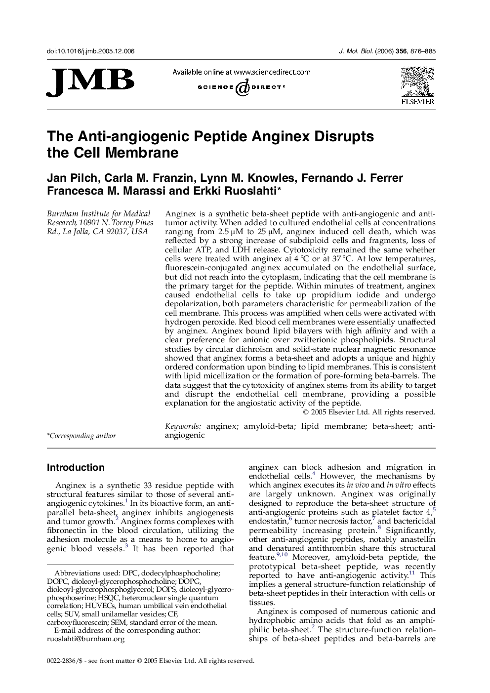 The Anti-angiogenic Peptide Anginex Disrupts the Cell Membrane