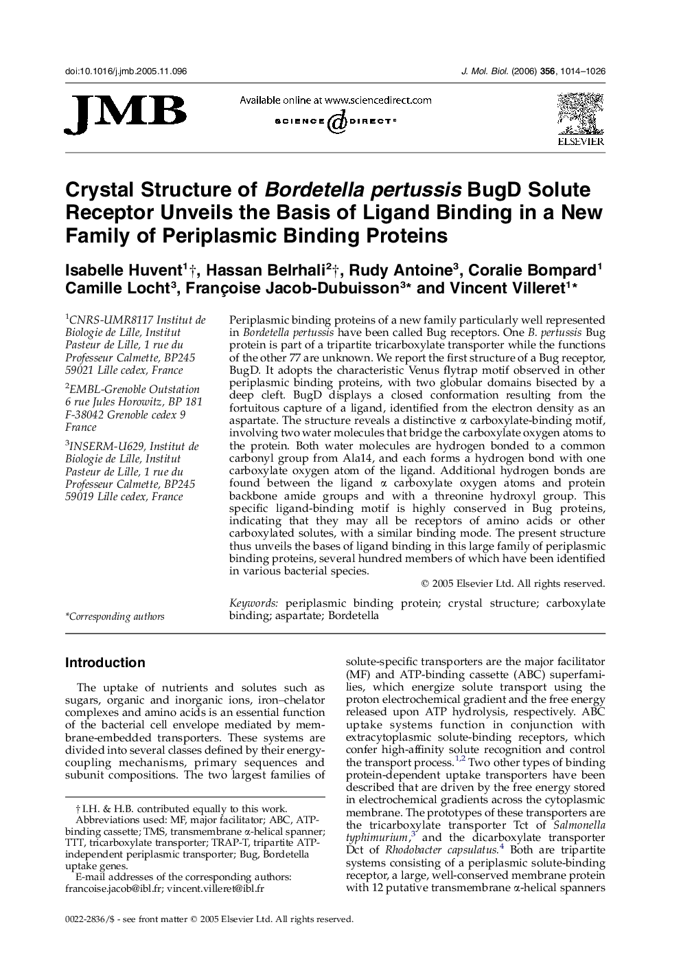 Crystal Structure of Bordetella pertussis BugD Solute Receptor Unveils the Basis of Ligand Binding in a New Family of Periplasmic Binding Proteins