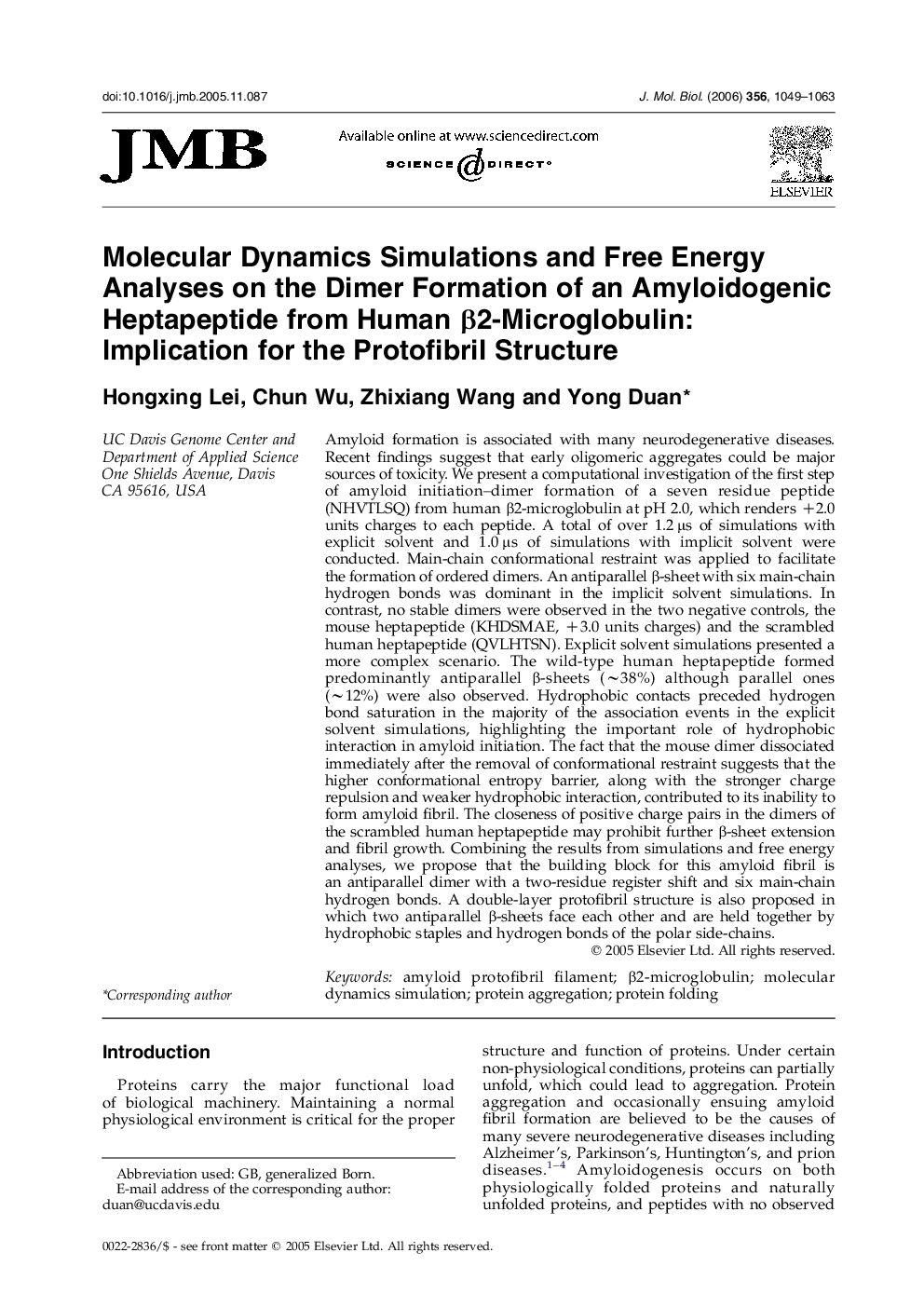 Molecular Dynamics Simulations and Free Energy Analyses on the Dimer Formation of an Amyloidogenic Heptapeptide from Human β2-Microglobulin: Implication for the Protofibril Structure