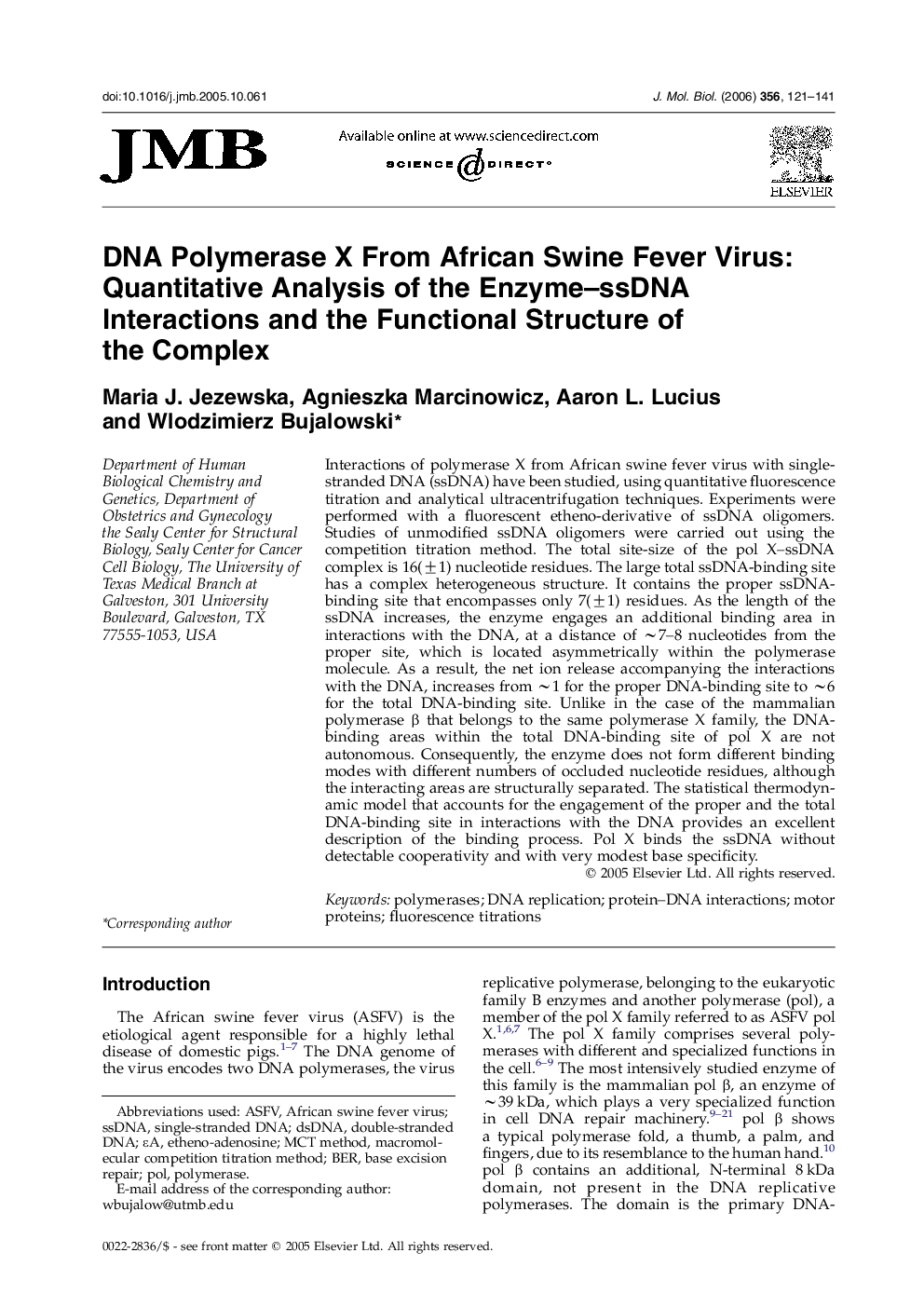 DNA Polymerase X From African Swine Fever Virus: Quantitative Analysis of the Enzyme–ssDNA Interactions and the Functional Structure of the Complex