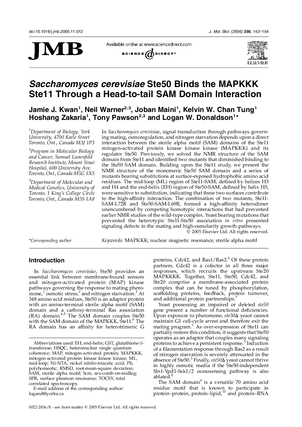 Saccharomyces cerevisiae Ste50 Binds the MAPKKK Ste11 Through a Head-to-tail SAM Domain Interaction