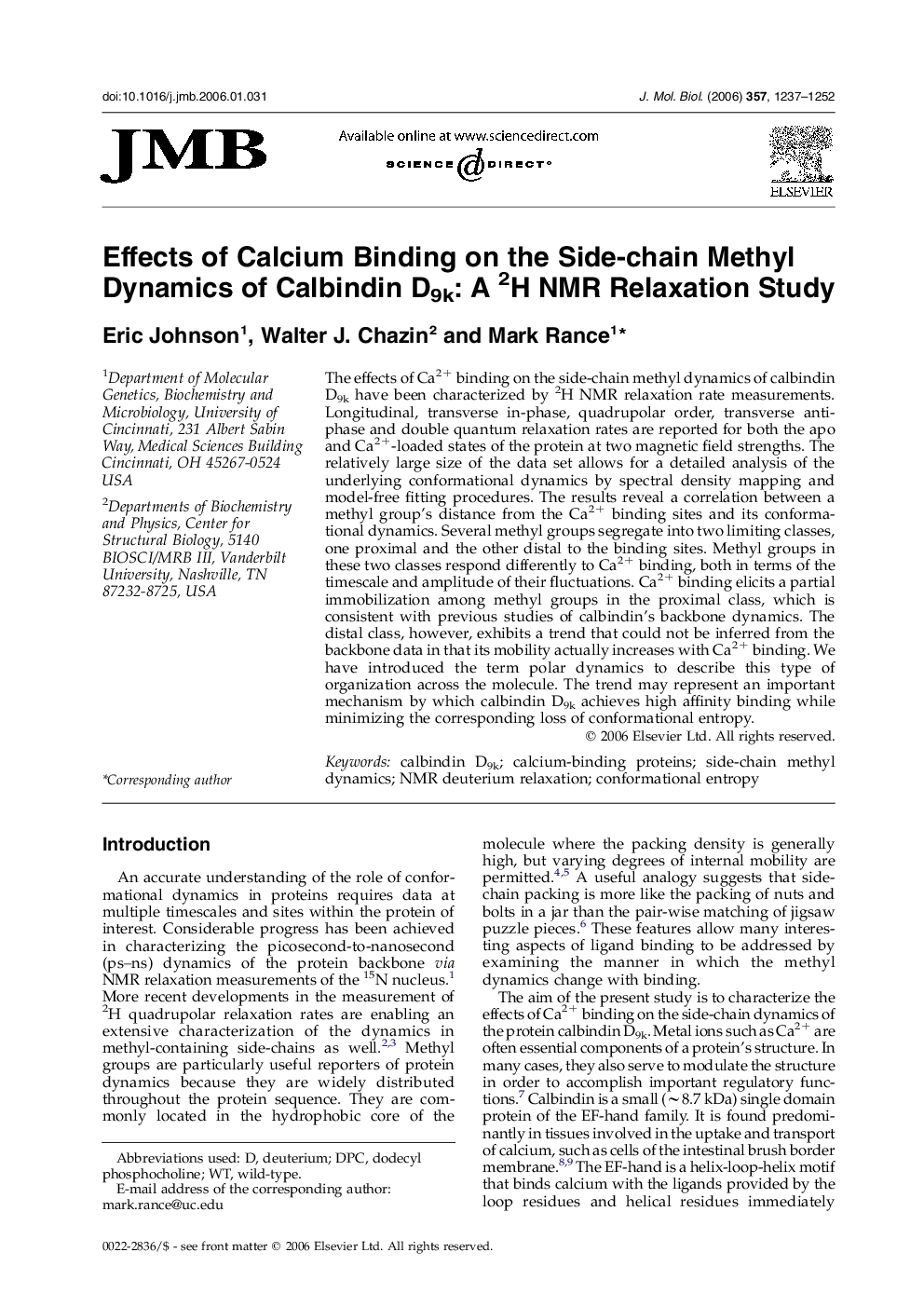 Effects of Calcium Binding on the Side-chain Methyl Dynamics of Calbindin D9k: A 2H NMR Relaxation Study