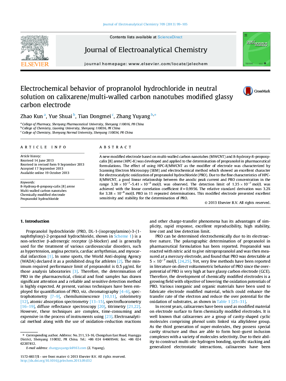 Electrochemical behavior of propranolol hydrochloride in neutral solution on calixarene/multi-walled carbon nanotubes modified glassy carbon electrode