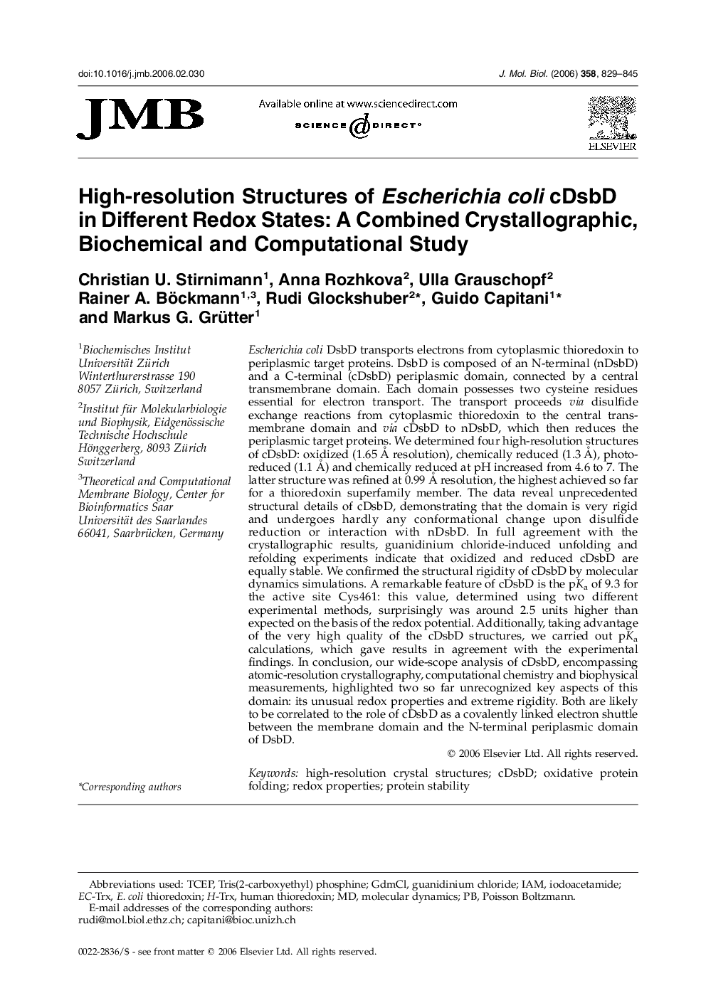 High-resolution Structures of Escherichia coli cDsbD in Different Redox States: A Combined Crystallographic, Biochemical and Computational Study