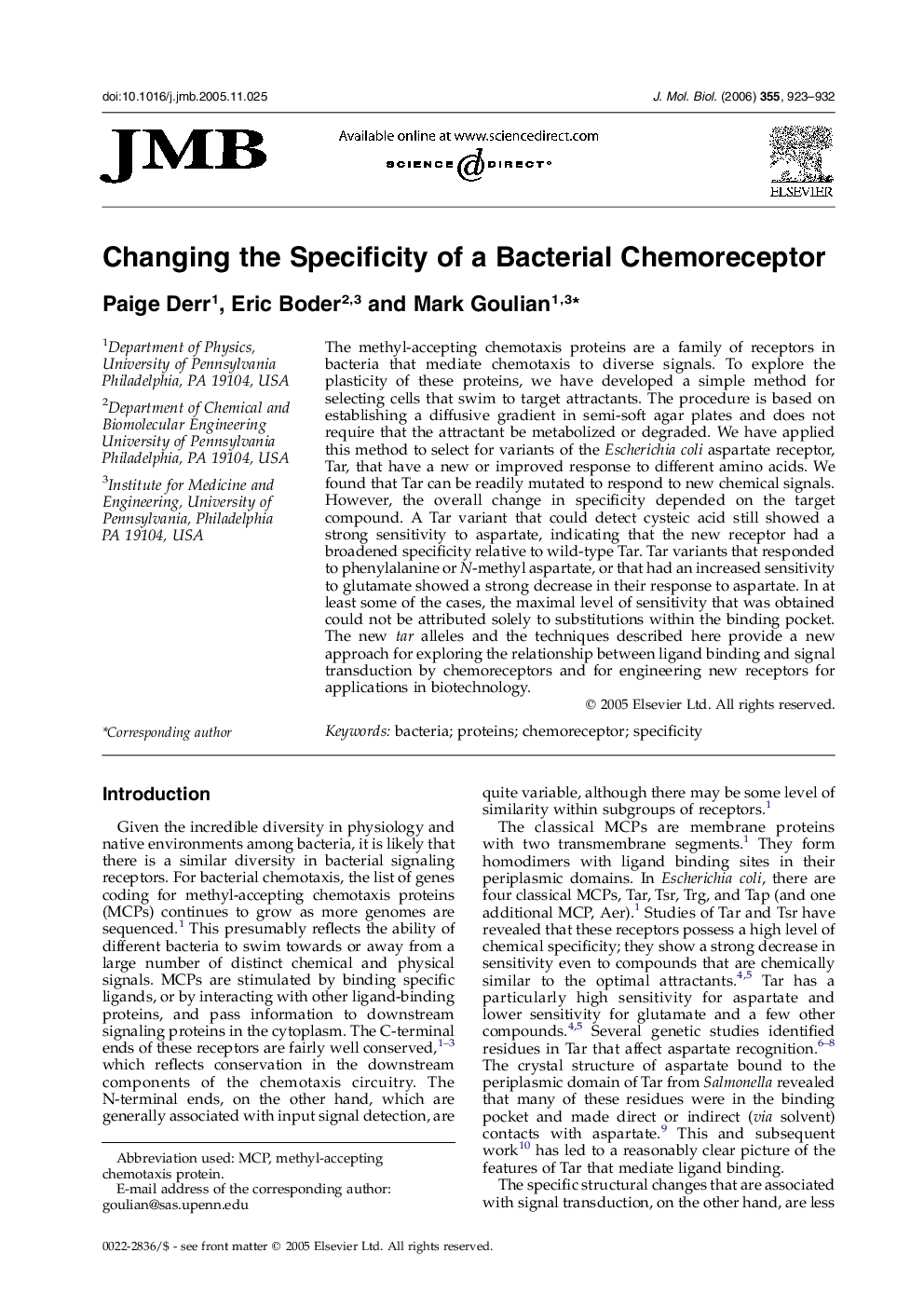 Changing the Specificity of a Bacterial Chemoreceptor