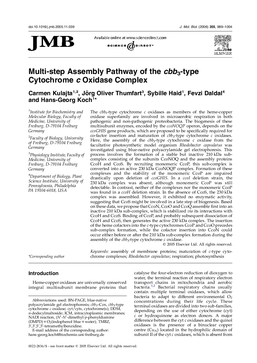 Multi-step Assembly Pathway of the cbb3-type Cytochrome c Oxidase Complex