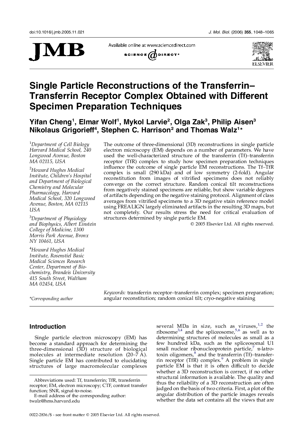 Single Particle Reconstructions of the Transferrin–Transferrin Receptor Complex Obtained with Different Specimen Preparation Techniques