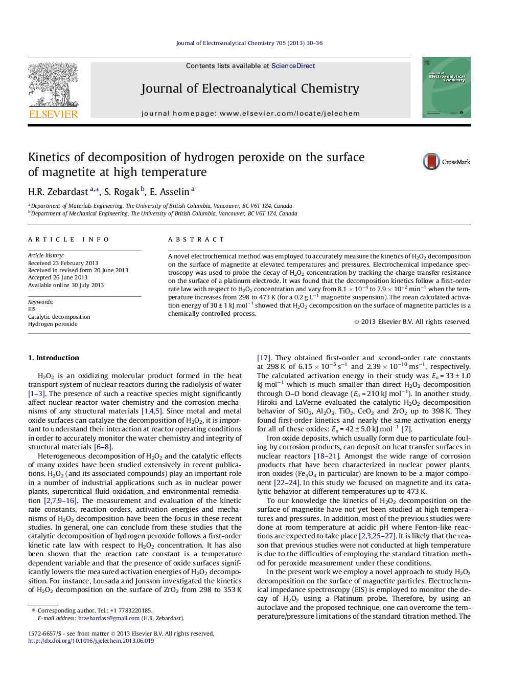 Kinetics of decomposition of hydrogen peroxide on the surface of magnetite at high temperature