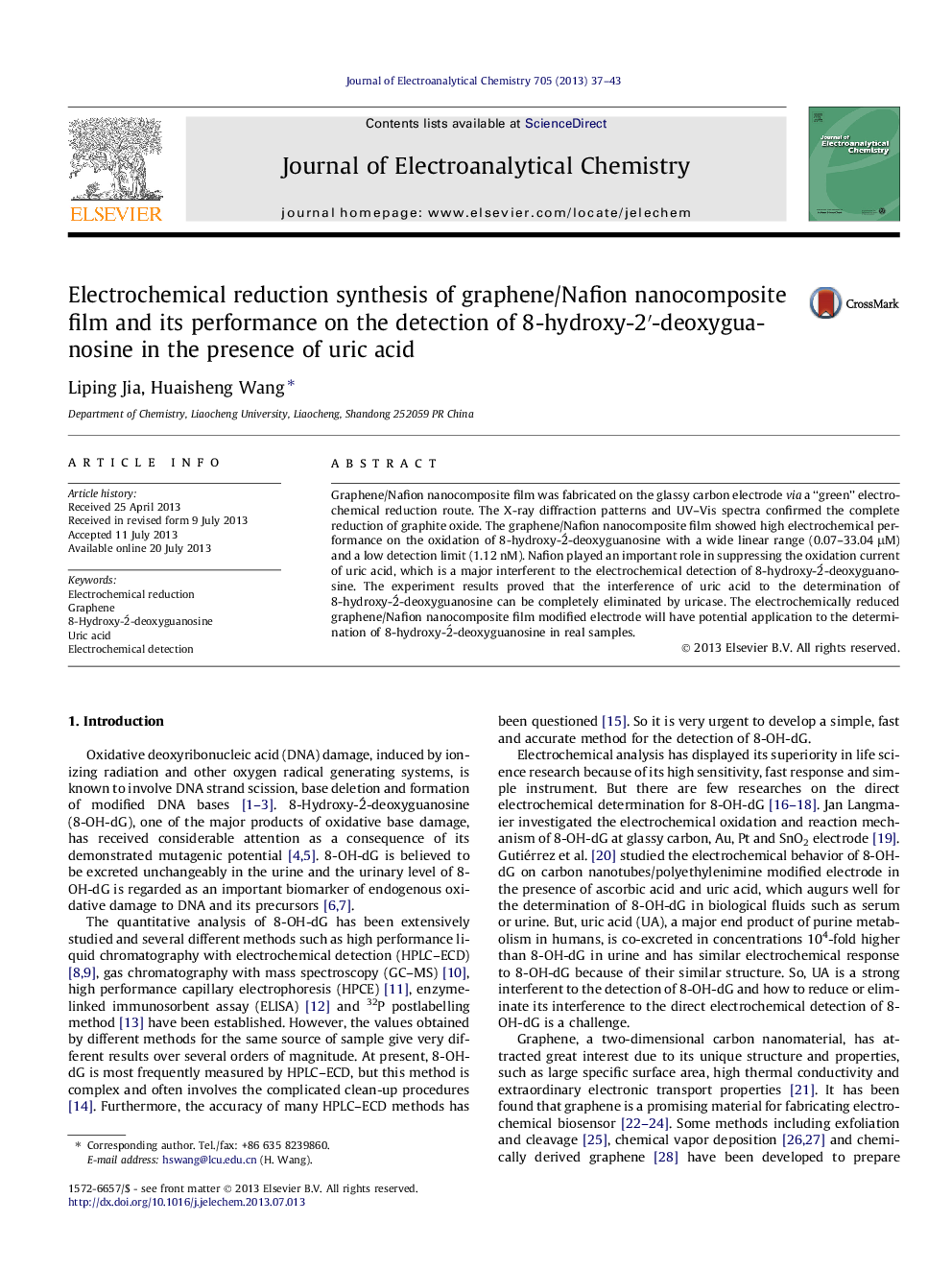 Electrochemical reduction synthesis of graphene/Nafion nanocomposite film and its performance on the detection of 8-hydroxy-2′-deoxyguanosine in the presence of uric acid