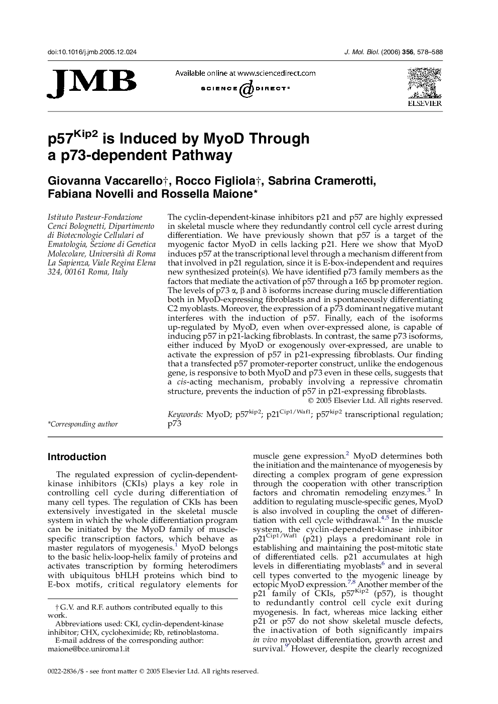 p57Kip2 is Induced by MyoD Through a p73-dependent Pathway