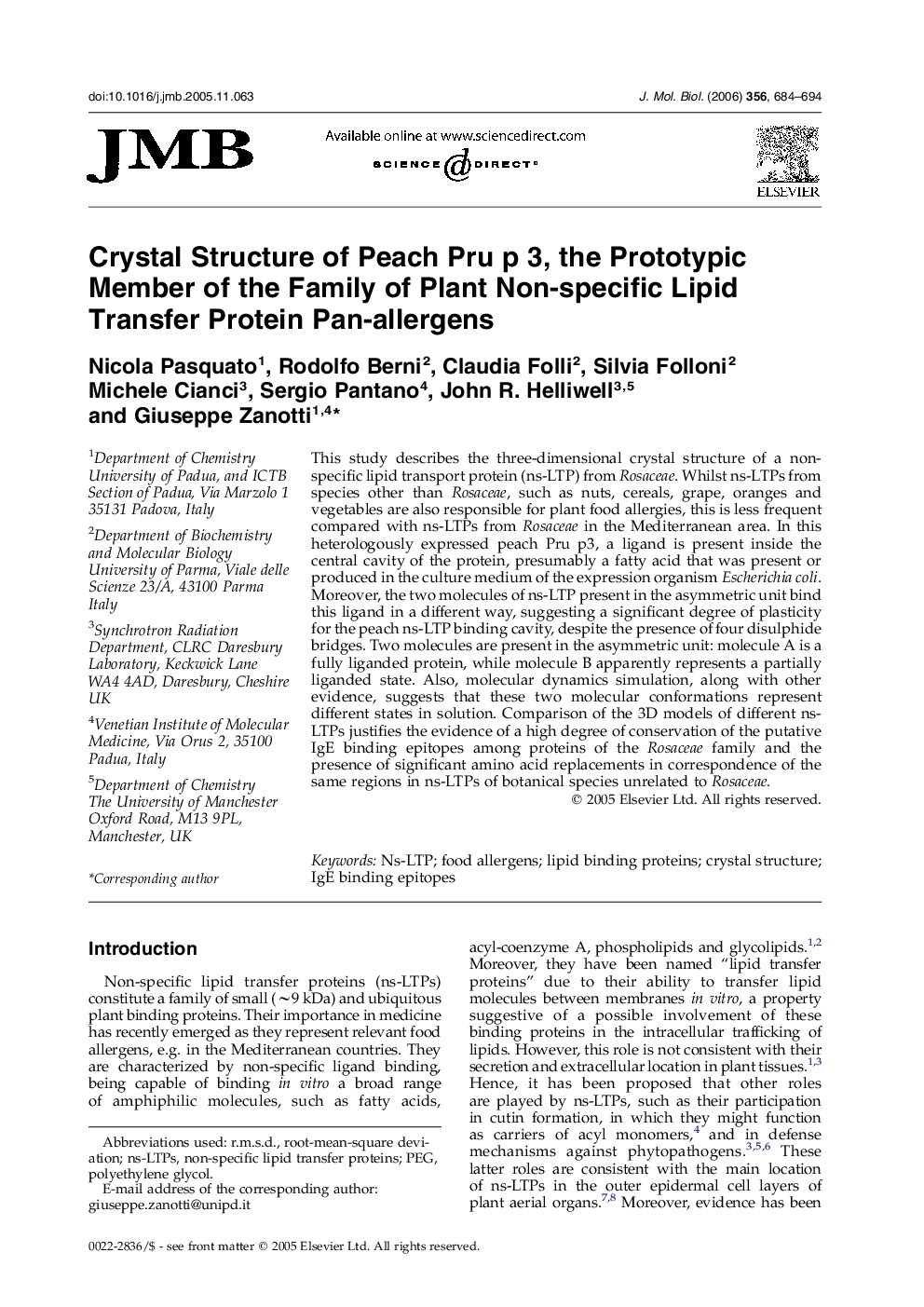 Crystal Structure of Peach Pru p 3, the Prototypic Member of the Family of Plant Non-specific Lipid Transfer Protein Pan-allergens