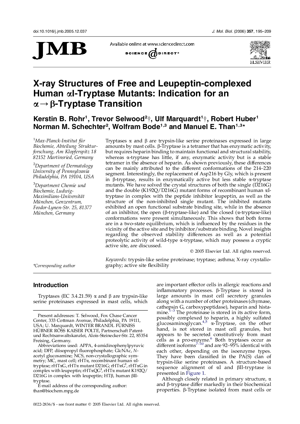 X-ray Structures of Free and Leupeptin-complexed Human αI-Tryptase Mutants: Indication for an α→β-Tryptase Transition