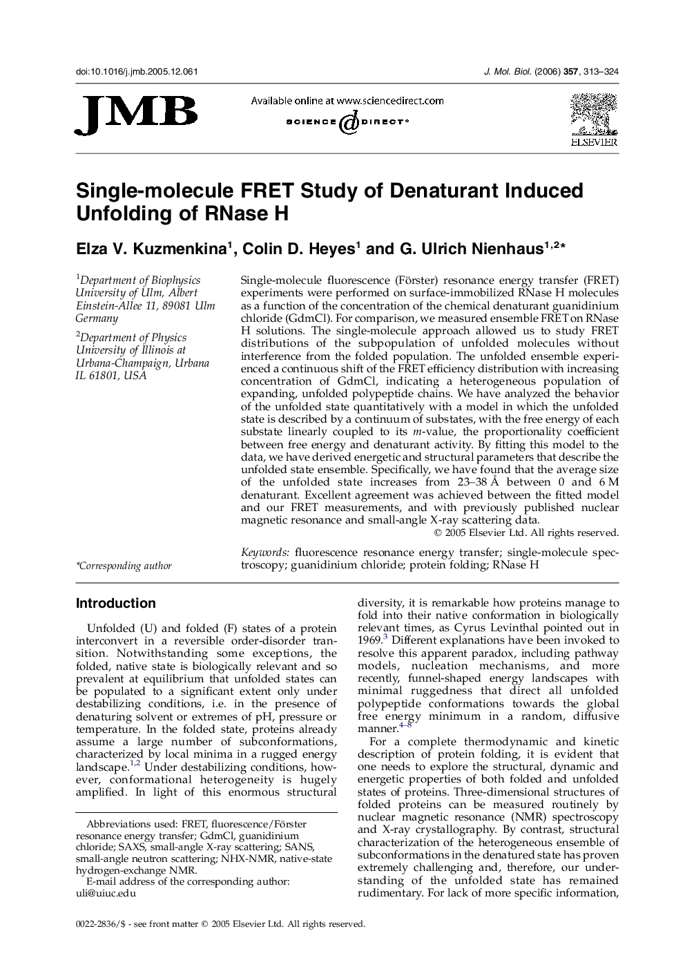 Single-molecule FRET Study of Denaturant Induced Unfolding of RNase H