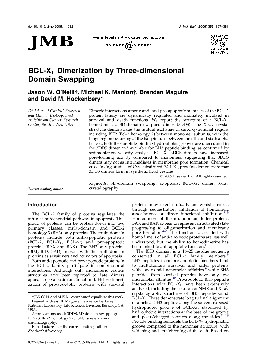 BCL-XL Dimerization by Three-dimensional Domain Swapping