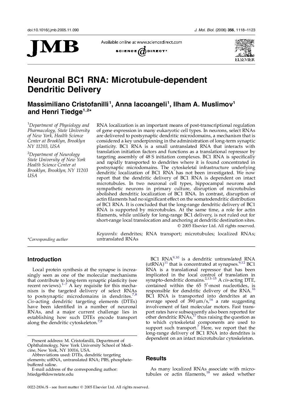 Neuronal BC1 RNA: Microtubule-dependent Dendritic Delivery