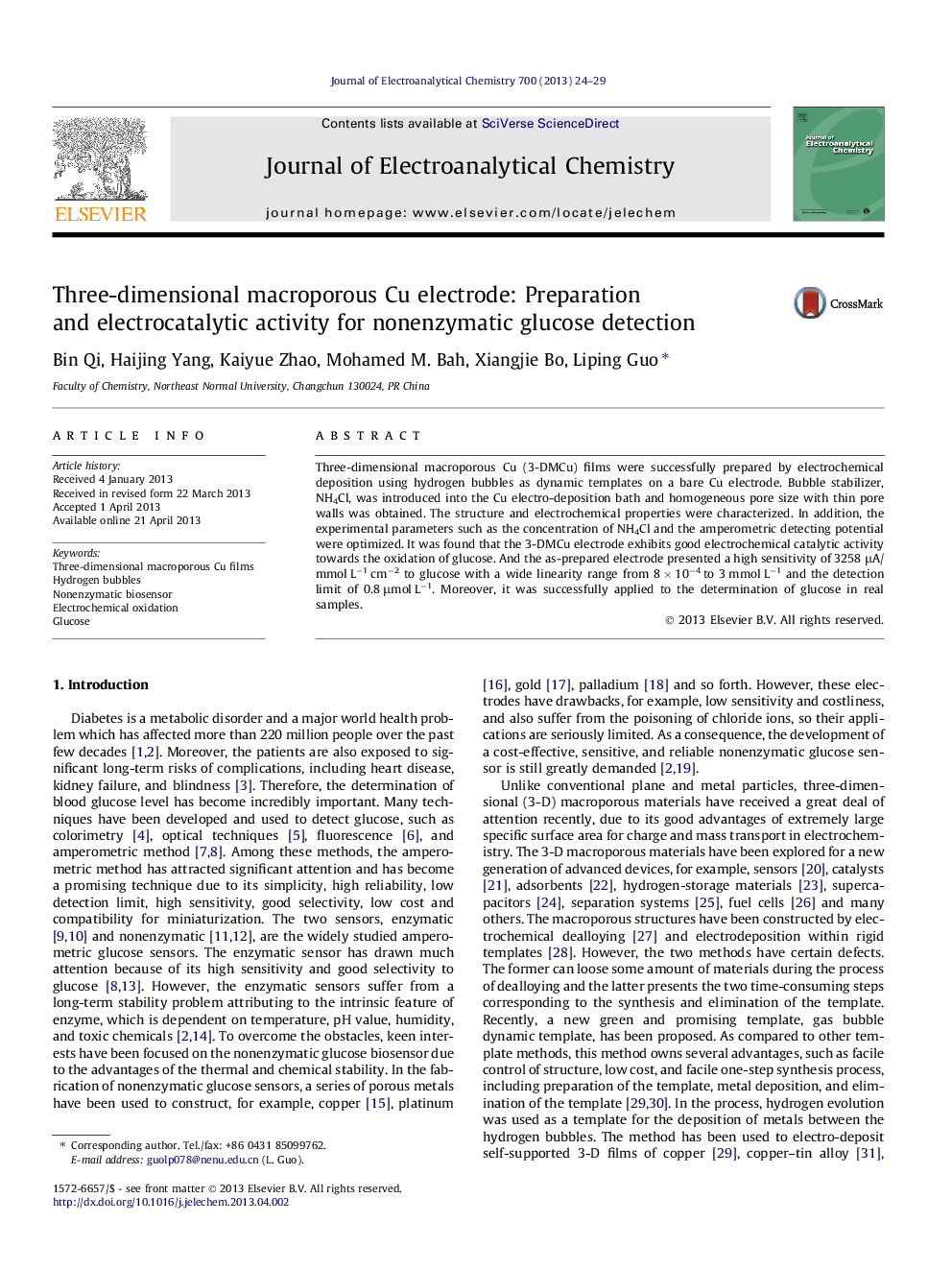 Three-dimensional macroporous Cu electrode: Preparation and electrocatalytic activity for nonenzymatic glucose detection