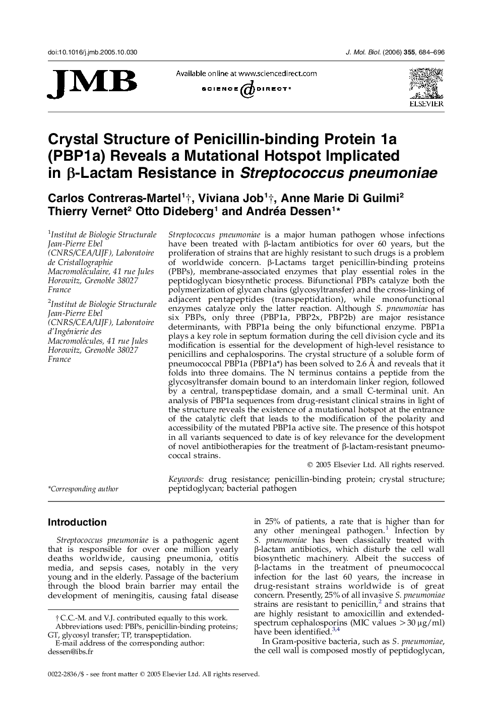 Crystal Structure of Penicillin-binding Protein 1a (PBP1a) Reveals a Mutational Hotspot Implicated in β-Lactam Resistance in Streptococcus pneumoniae