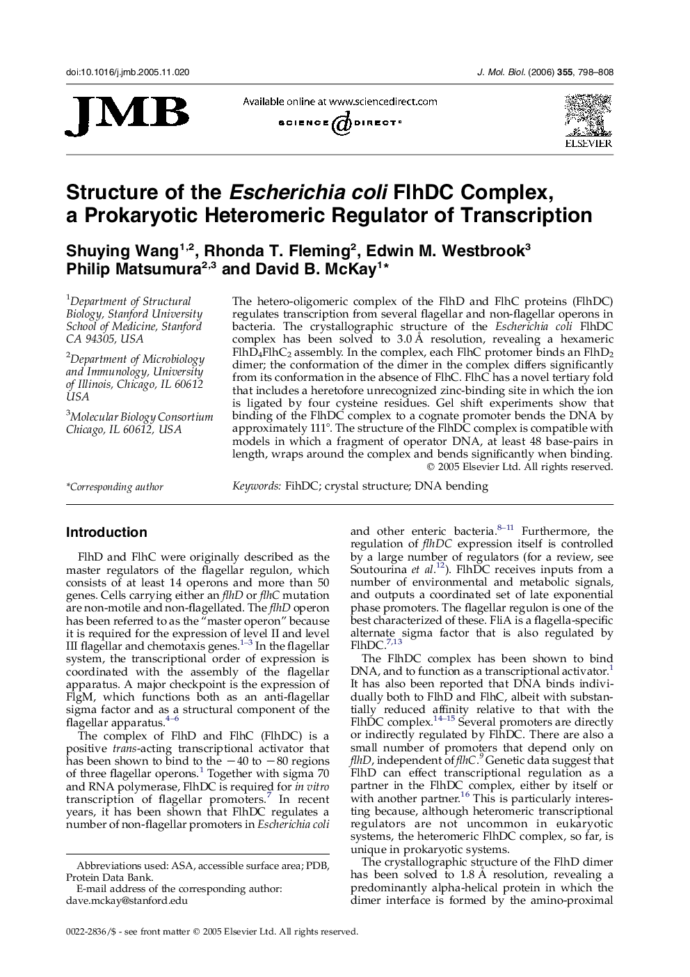 Structure of the Escherichia coli FlhDC Complex, a Prokaryotic Heteromeric Regulator of Transcription