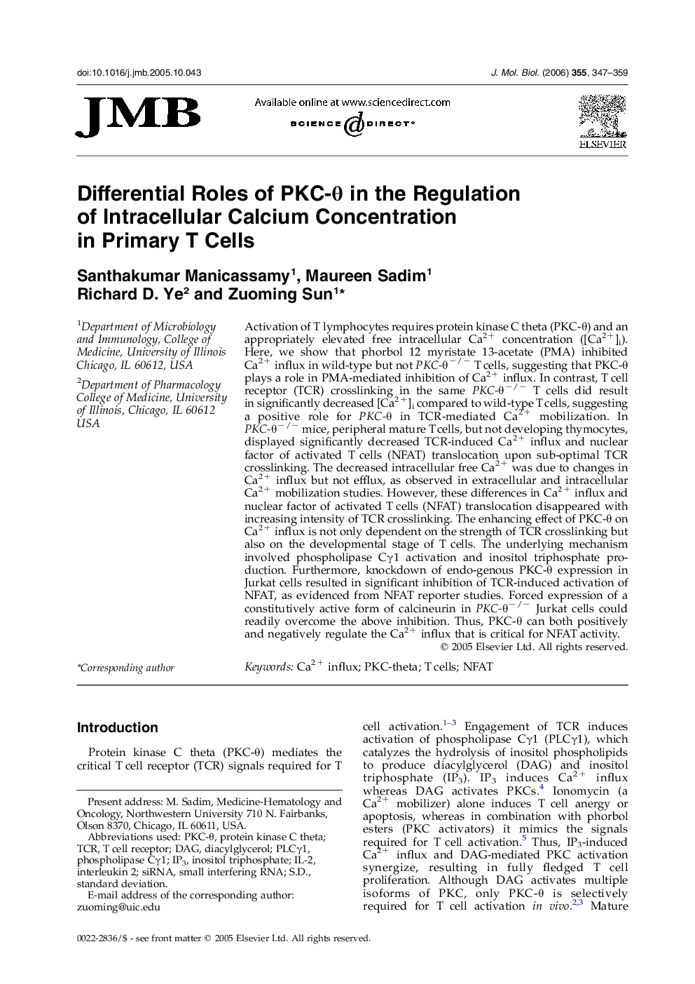 Differential Roles of PKC-θ in the Regulation of Intracellular Calcium Concentration in Primary T Cells