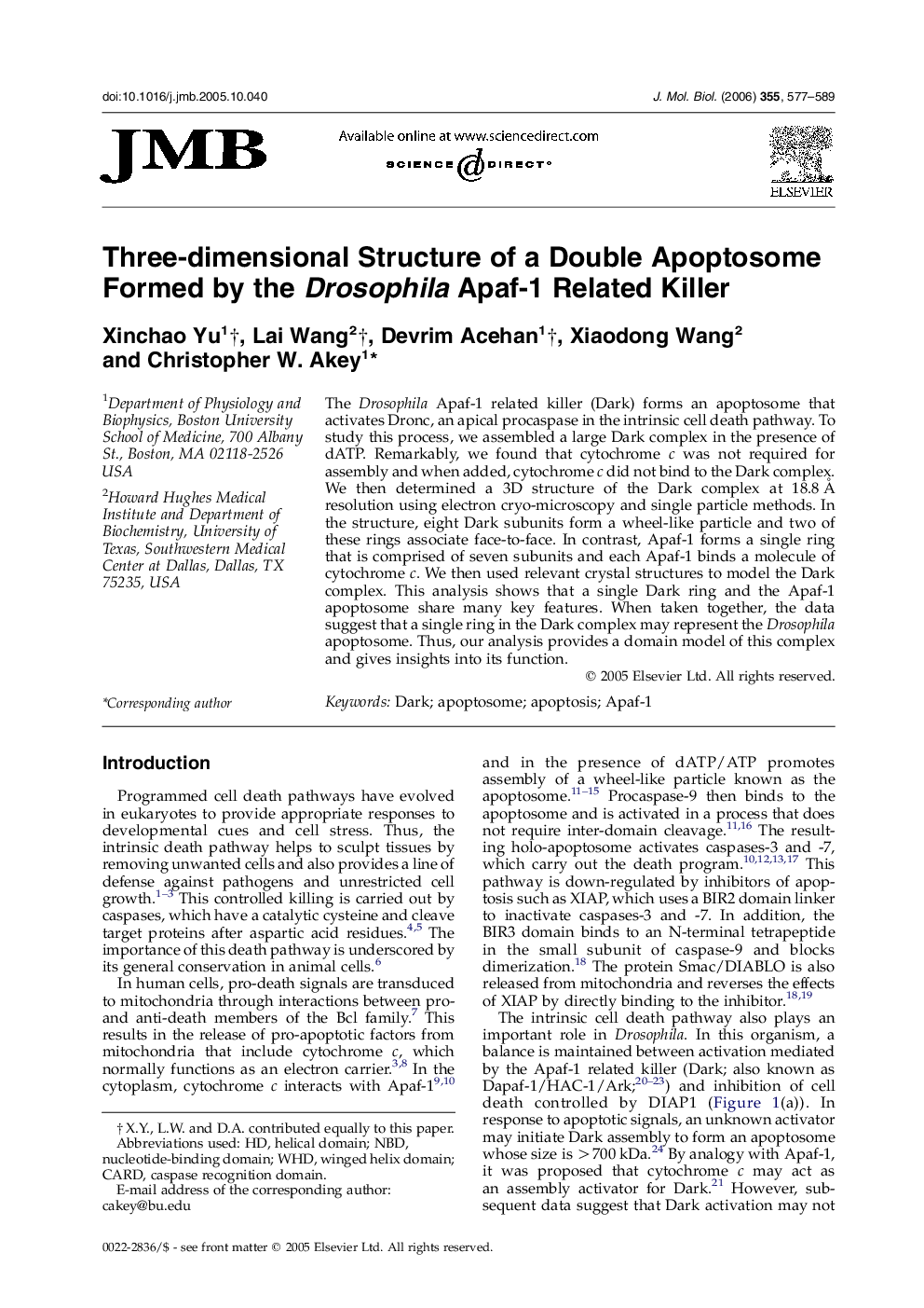 Three-dimensional Structure of a Double Apoptosome Formed by the Drosophila Apaf-1 Related Killer