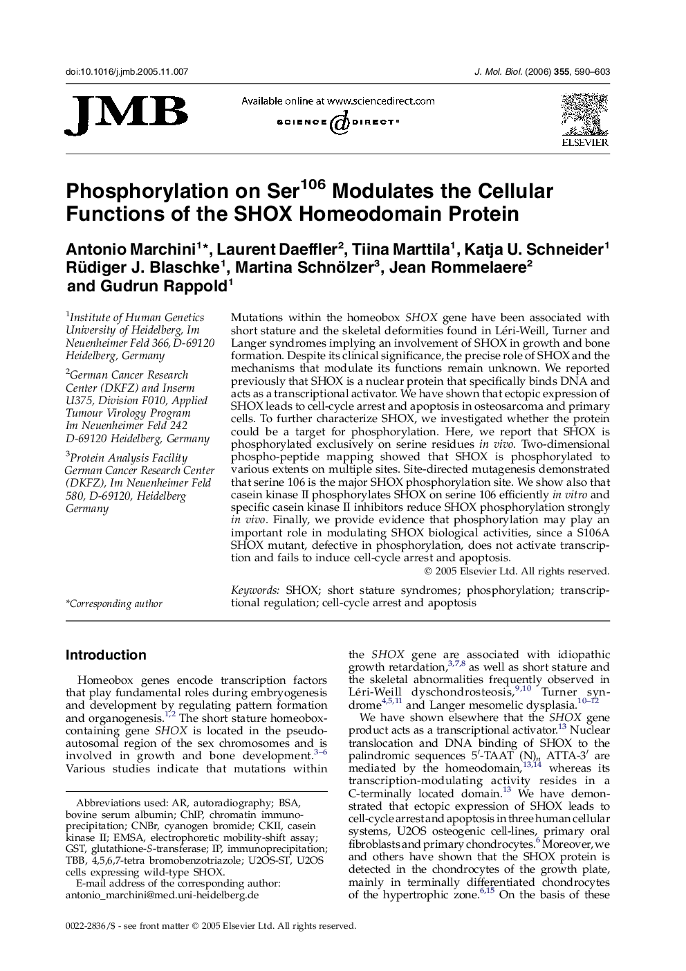 Phosphorylation on Ser106 Modulates the Cellular Functions of the SHOX Homeodomain Protein