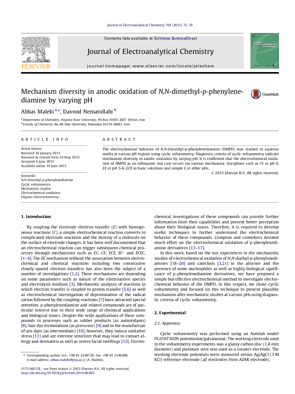 Mechanism diversity in anodic oxidation of N,N-dimethyl-p-phenylenediamine by varying pH