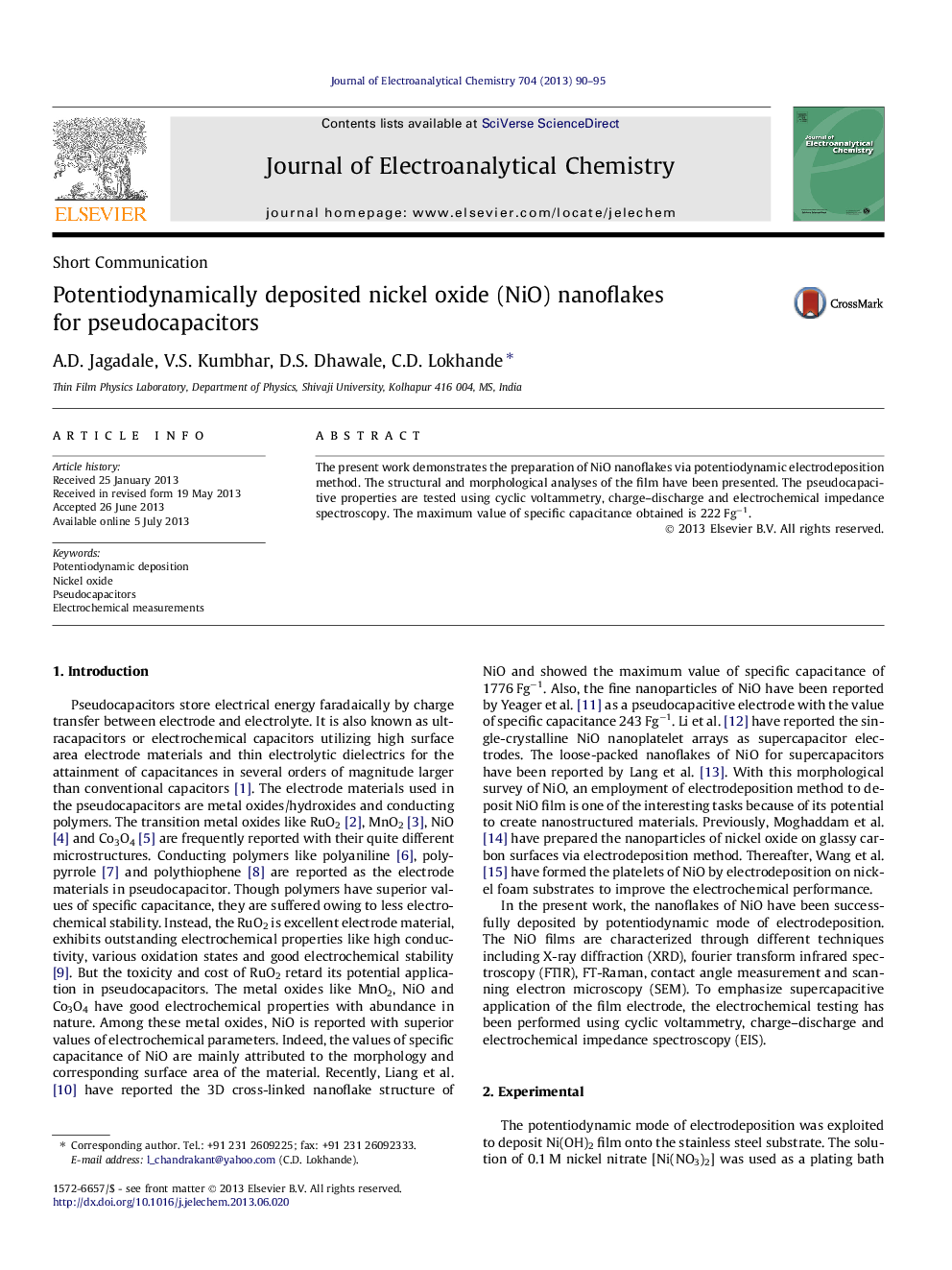 Potentiodynamically deposited nickel oxide (NiO) nanoflakes for pseudocapacitors