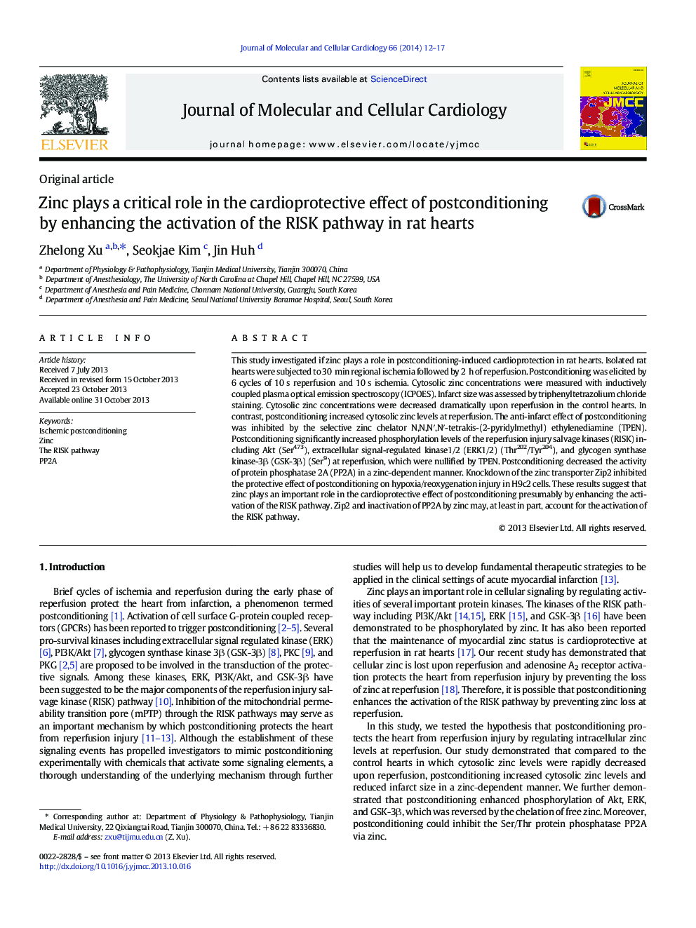 Zinc plays a critical role in the cardioprotective effect of postconditioning by enhancing the activation of the RISK pathway in rat hearts