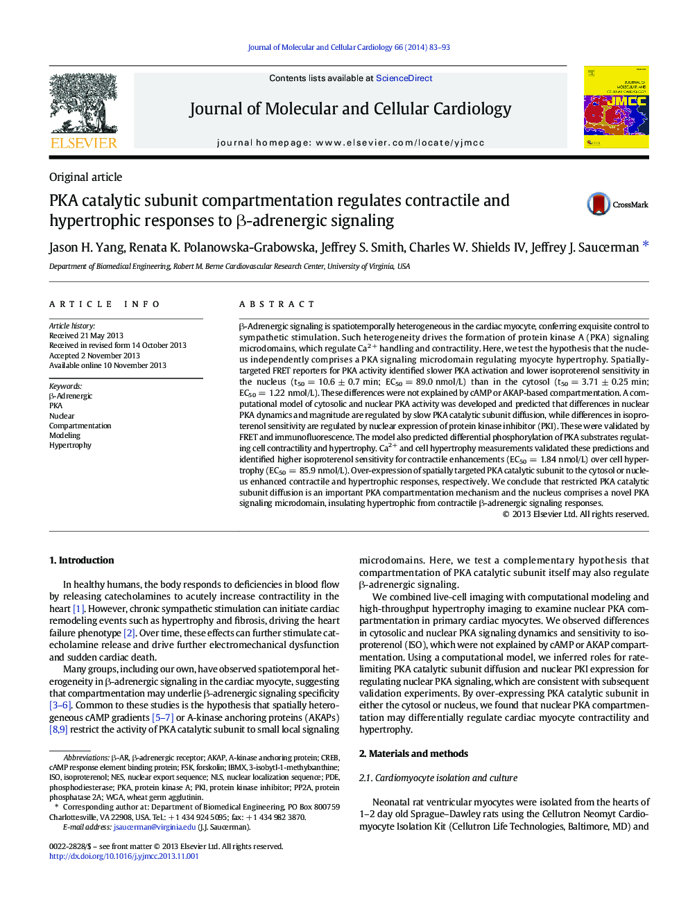 PKA catalytic subunit compartmentation regulates contractile and hypertrophic responses to β-adrenergic signaling