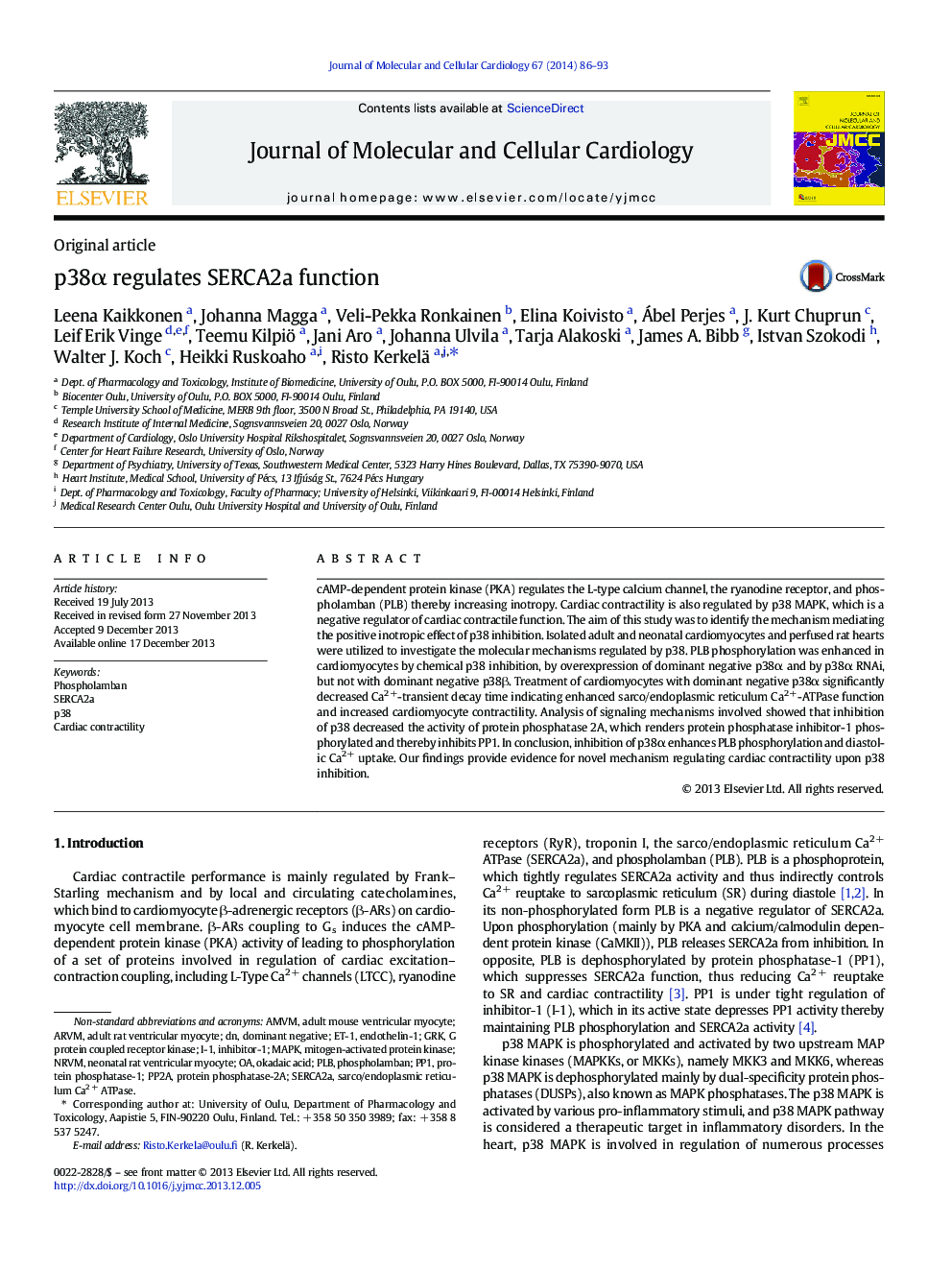 p38α regulates SERCA2a function