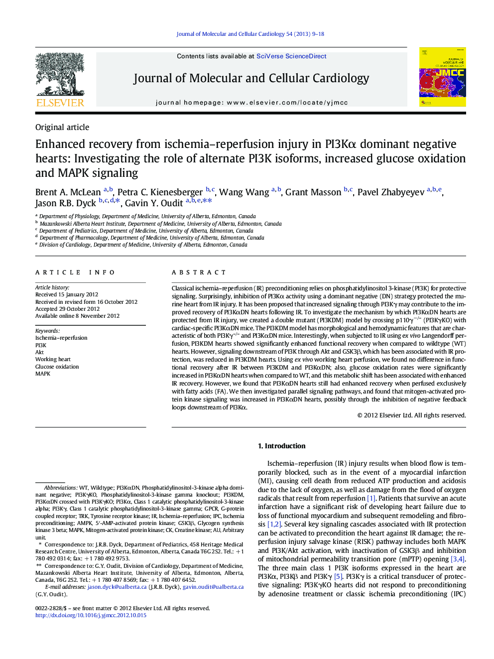 Enhanced recovery from ischemia–reperfusion injury in PI3Kα dominant negative hearts: Investigating the role of alternate PI3K isoforms, increased glucose oxidation and MAPK signaling