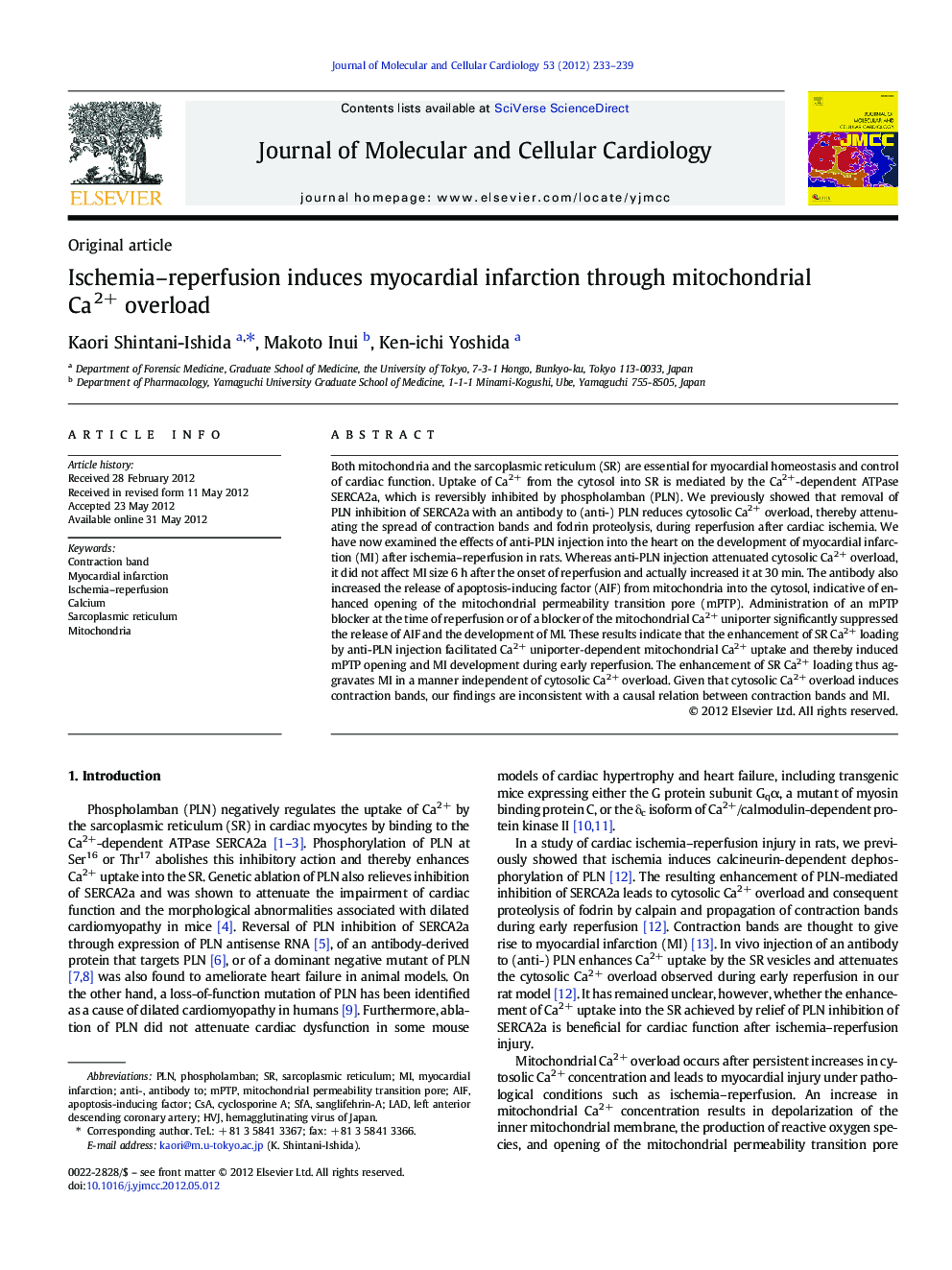 Ischemia–reperfusion induces myocardial infarction through mitochondrial Ca2+ overload