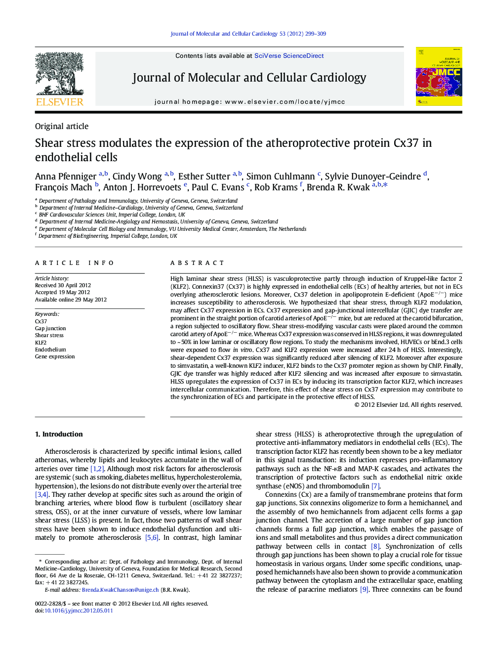 Shear stress modulates the expression of the atheroprotective protein Cx37 in endothelial cells