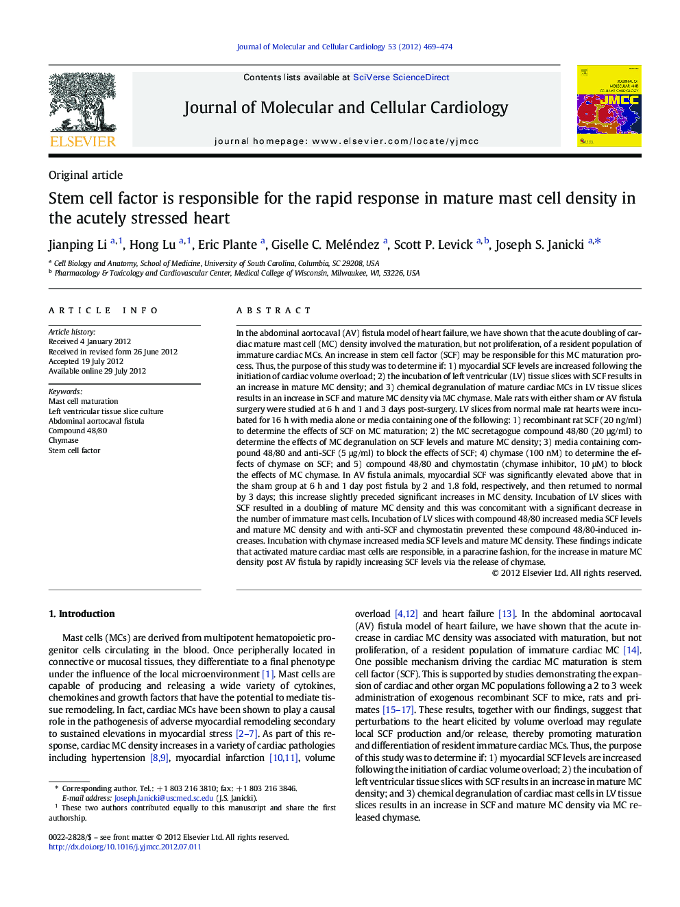 Stem cell factor is responsible for the rapid response in mature mast cell density in the acutely stressed heart