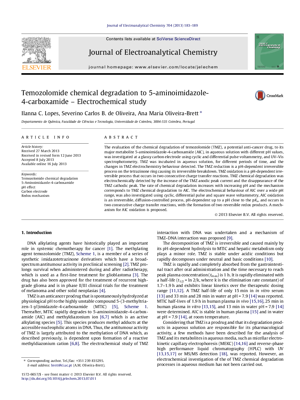 Temozolomide chemical degradation to 5-aminoimidazole-4-carboxamide – Electrochemical study