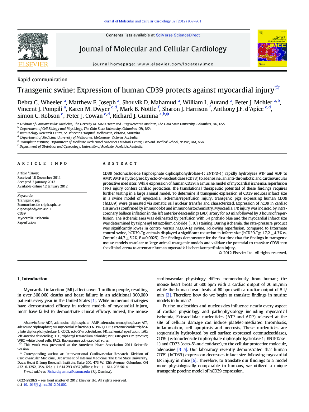 Transgenic swine: Expression of human CD39 protects against myocardial injury 